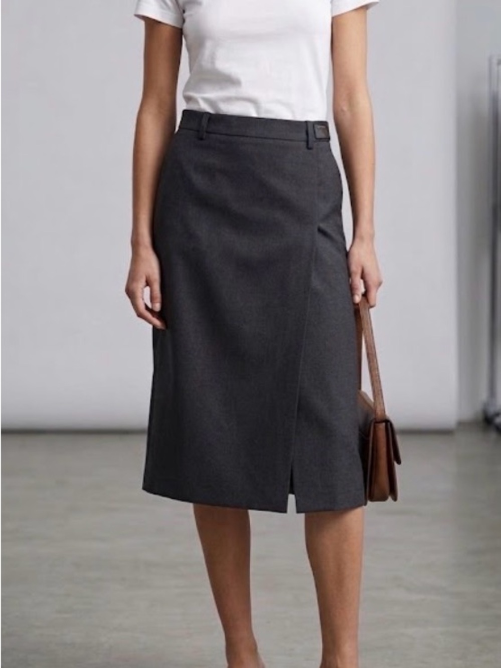 Prada Virgin Wool Dark Charcoal Gray Tailored Midi Pencil Skirt with Slit Detail